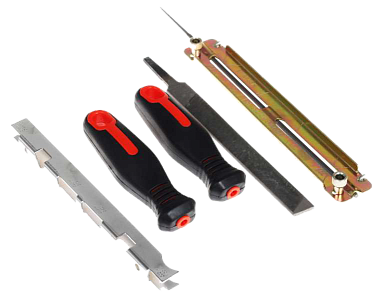 Заточной набор для цепей 3/8 рм (калибр + напильник 4,0 + плоский напильник + державка + ручки)